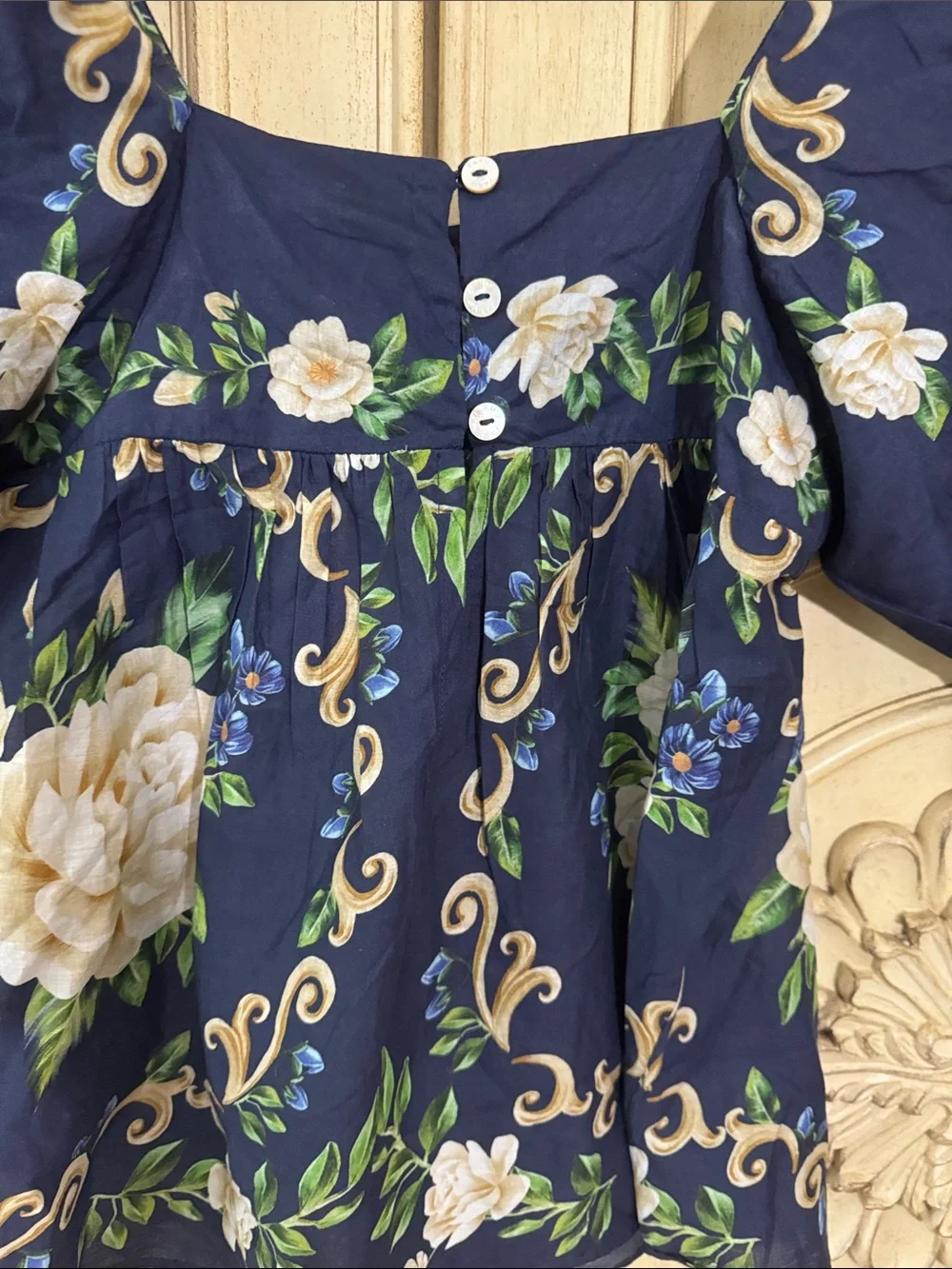 Farm Rio FLOWER TAPESTRY BLUE FLOWERED YOKE BLOUSE Size XSmall